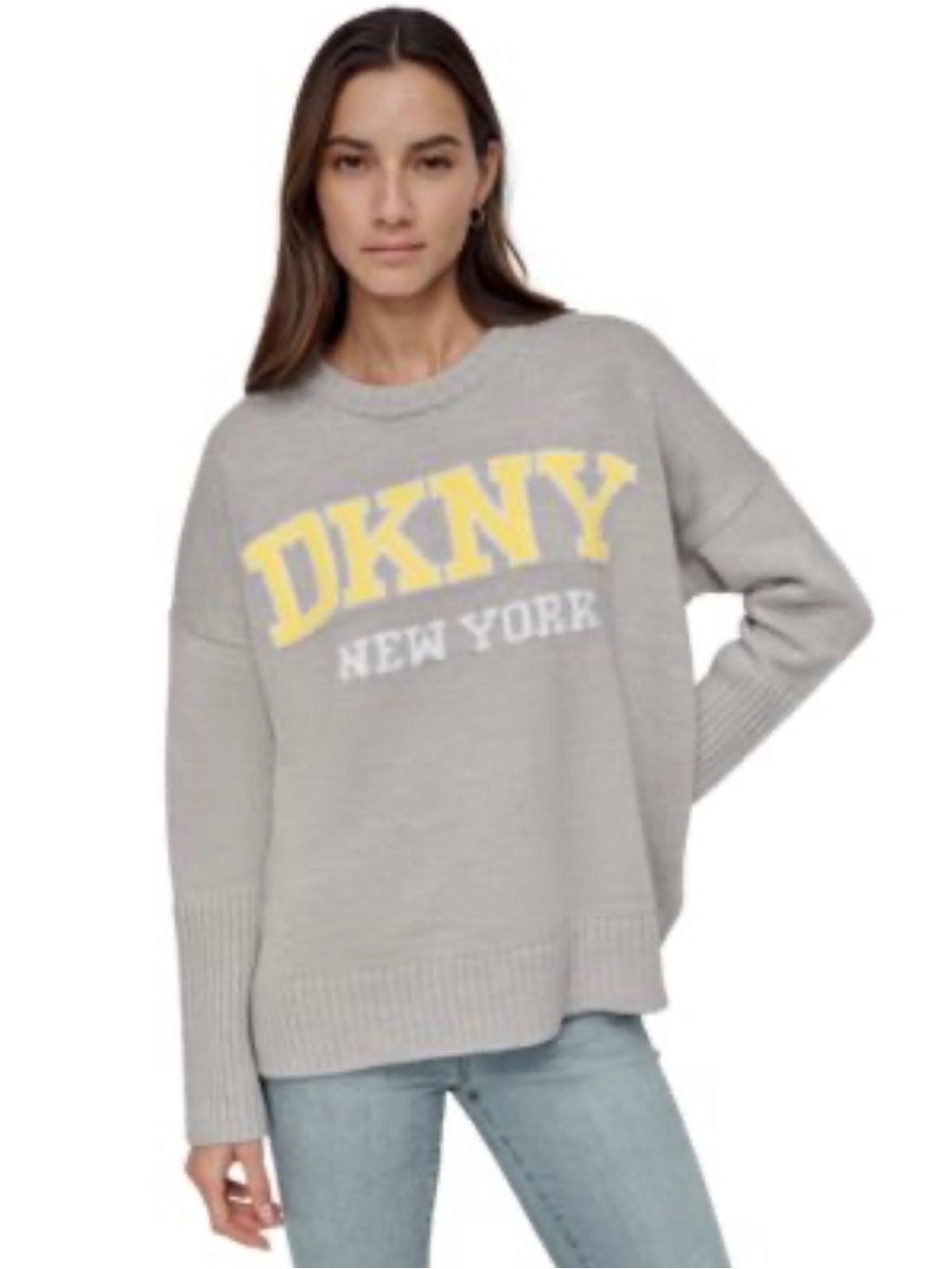 DKNY Light Gray Crewneck Sweater with Yellow Logo
